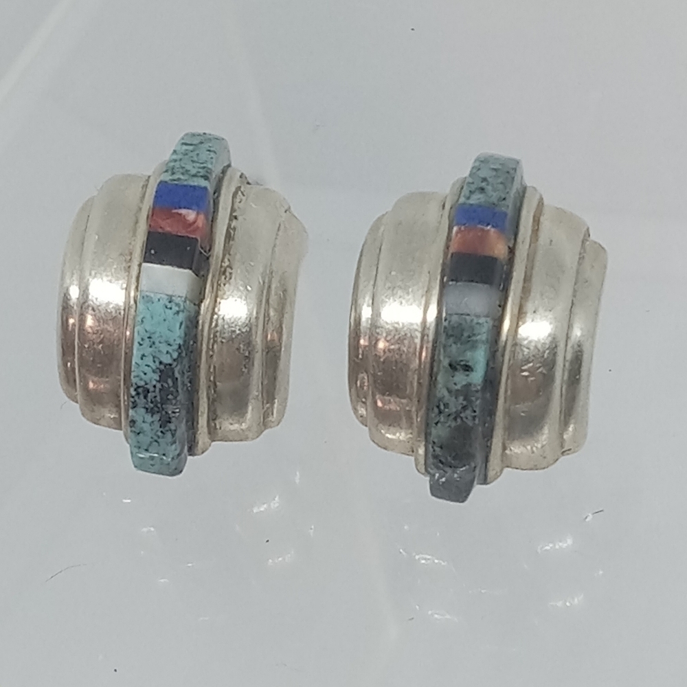 * vintage Navajo Chas Ray 1988 chunky 925 half hoop stone inlay earrings - Picture 1 of 6